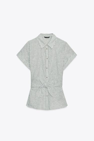 CHEMISE À RAYURES NŒUD AVEC LIN - Vert / Écru de Zara - Image 4