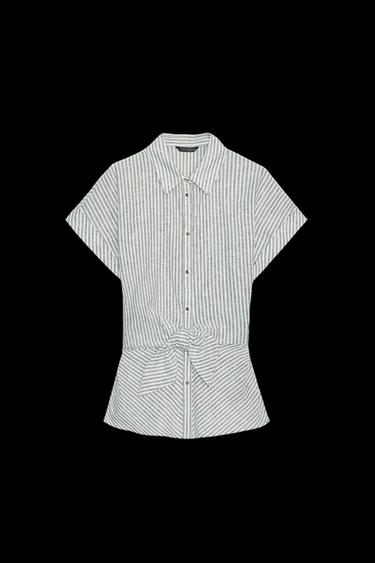 Zara KNOTTED STRIPED LINEN SHIRT - Green / Ecru - Image 0