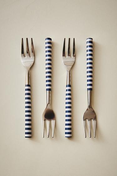 Zara SET OF DESSERT FORKS WITH STRIPED HANDLES (SET OF 4) - Blue / White
