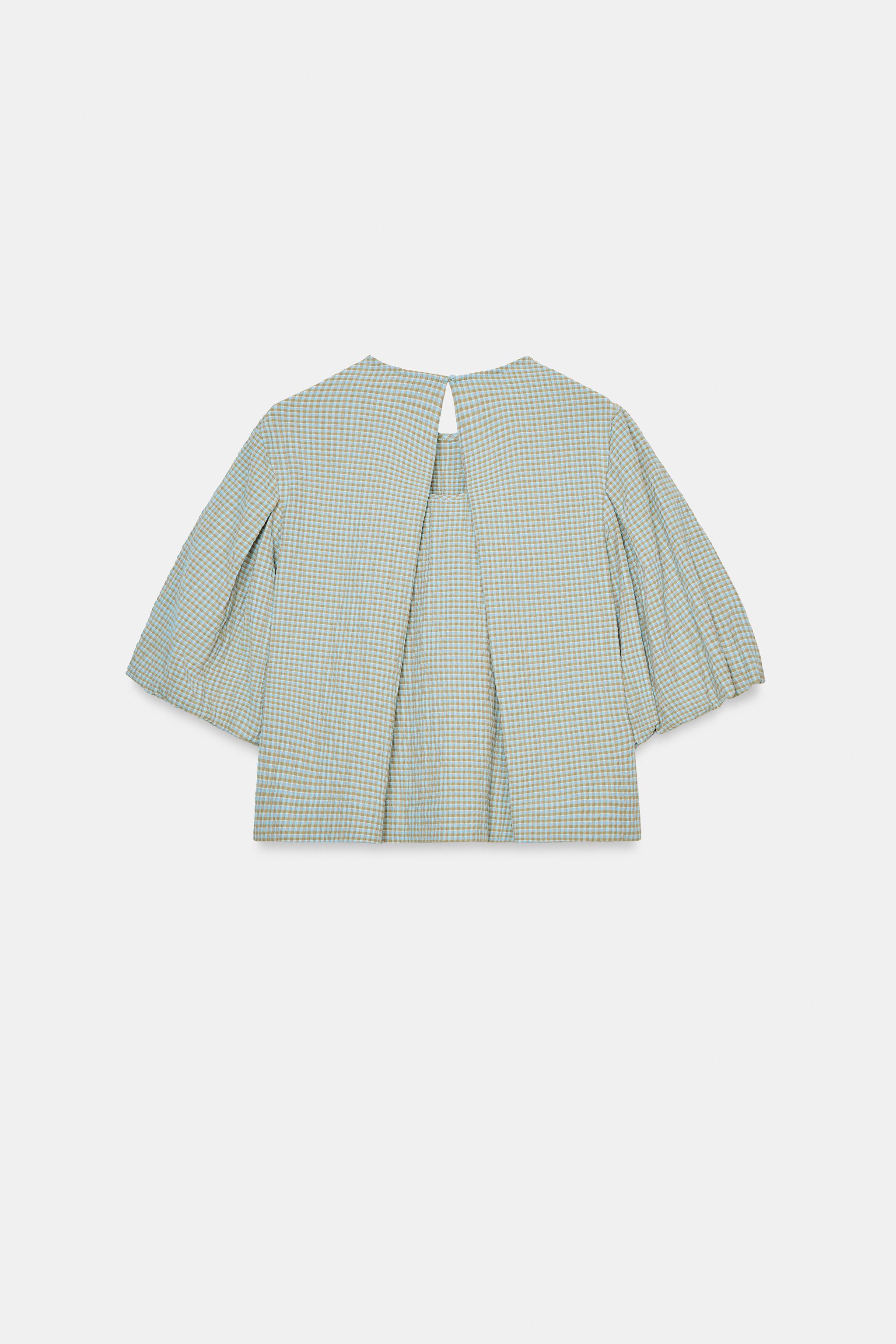 チェック柄バルーンスリーブトップス - ブラウンブルー | ZARA Japan 