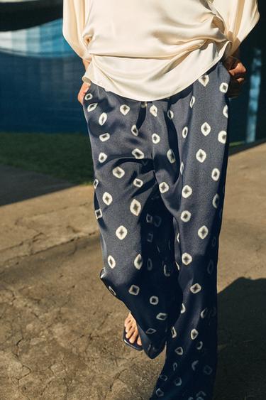 Zara PRINTED SATIN PANTS - Black / Ecru
