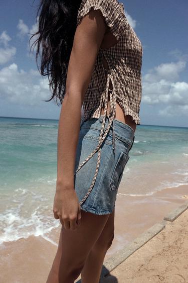 TOP POPELINE FRONCES CARREAUX - Beige-marron de Zara - Image 1