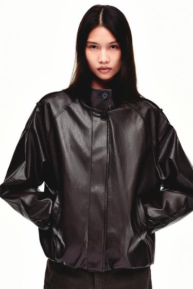 Zara 高領人造皮夾克 - 深棕色