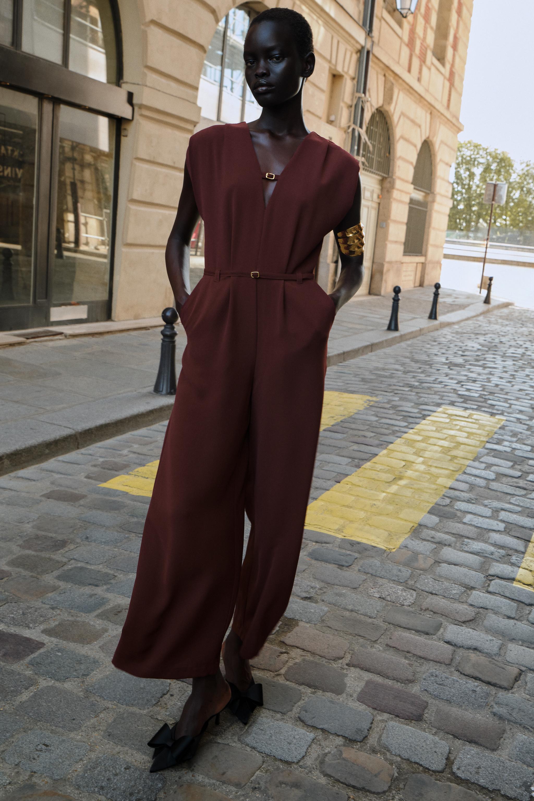 WIDE-LEG BELTED JUMPSUIT - Maroon | ZARA United States