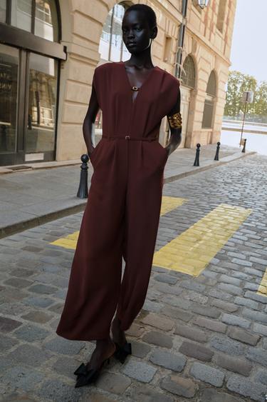 WIDE-LEG JUMPSUIT WITH BELT - Maroon by Zara