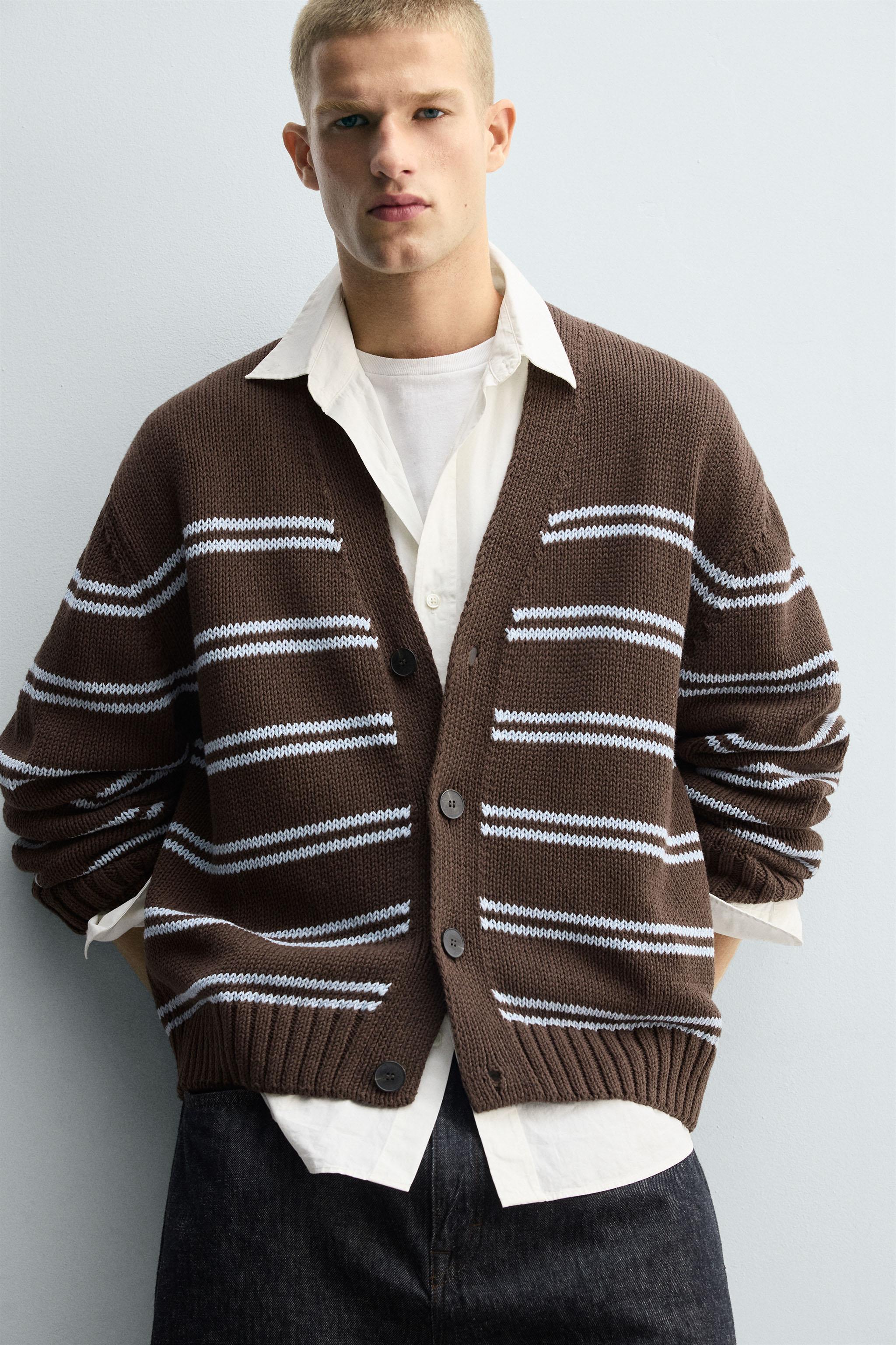 ストライプ柄ジャカードカーディガン - ブラウン | ZARA Japan