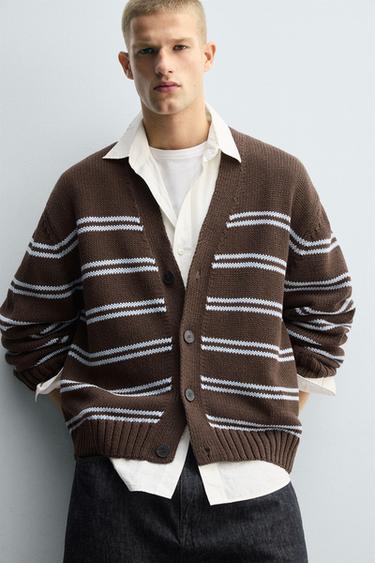 CARDIGAN JACQUARD RAYURES - Marron de Zara - Image 4