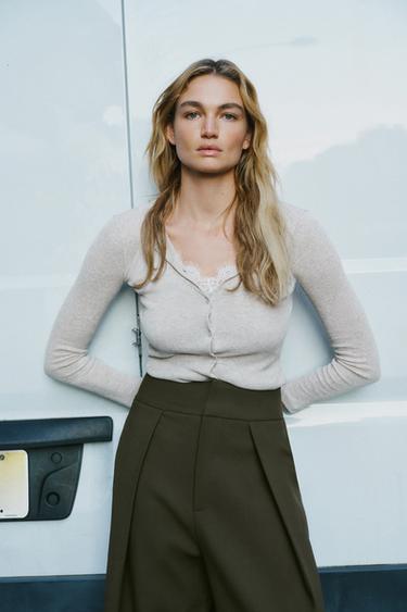 VESTE TOP COMBINÉE DENTELLE - Sable / Chiné de Zara - Image 1