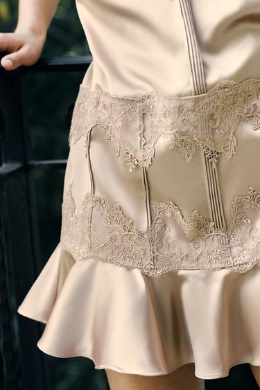 SATIN LACE RUFFLE MINI DRESS - Beige by Zara - Image 3
