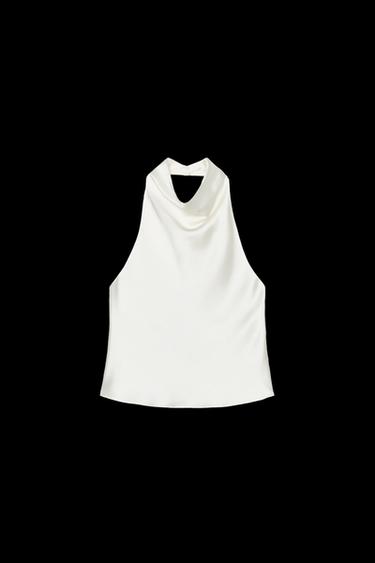 Zara SATIN EFFECT HALTER TOP - Ecru - Image 0