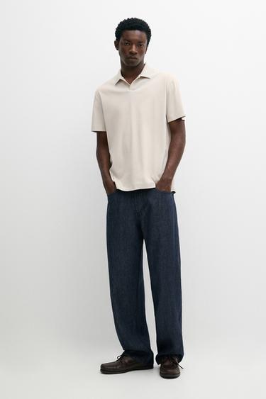 Zara 100% cotton V-neck knit polo - Stone - Image 0