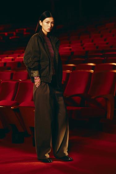 Zara 格紋水洗效果塗蠟外套 - 深棕黃色