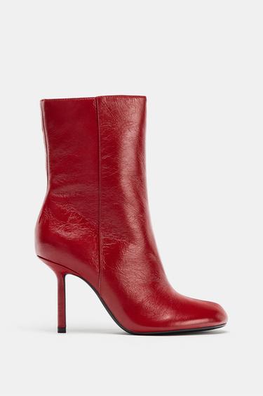 LEATHER HEELED ANKLE BOOTS - Red by Zara