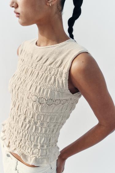 SMOCKED KNIT TOP - Ecru by Zara - Image 3