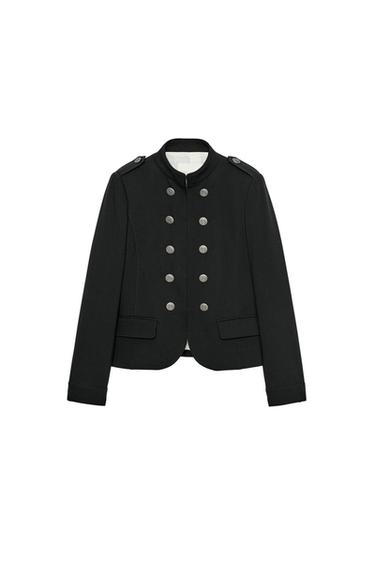 Black military-style jacket with a stand-up collar, epaulettes, flap pockets and silver double-breasted button fastening against a white background.