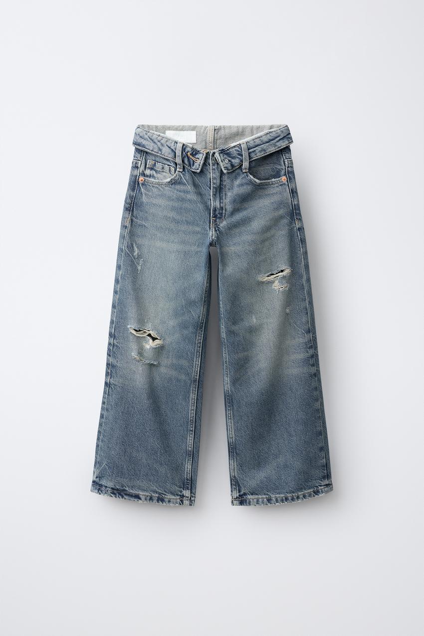 ダメージ加工ワイドレッグデニムパンツ - ブルー | ZARA Japan / 日本