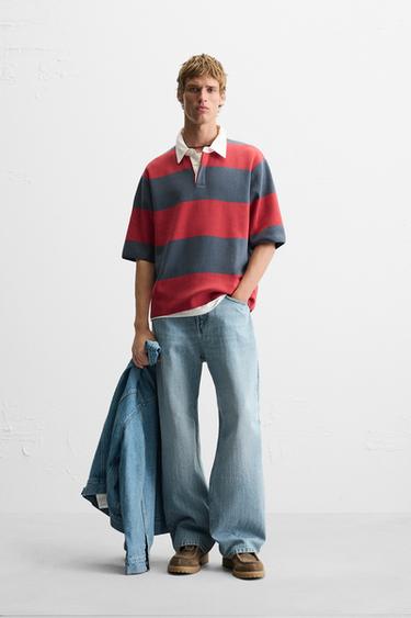 Zara STRIPED KNIT POLO - Light maroon - Image 0