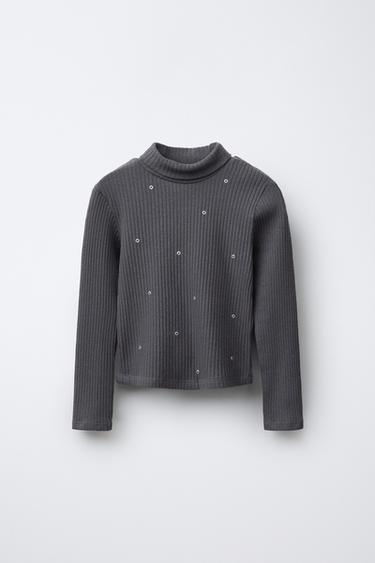 RIBBED TURTLENECK T-SHIRT WITH STUDS - Anthracite grey by Zara