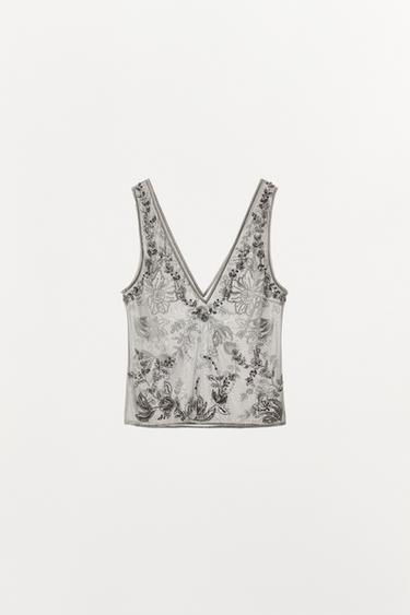 EMBROIDERED TULLE STRAPPY TOP - Light grey by Zara - Image 3