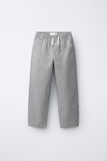 STRIPED LINEN BLEND TROUSERS - Grey by Zara