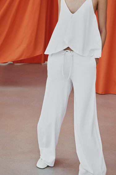 Zara STRAIGHT LEG COTTON PANTS - White