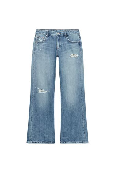 Zara TRF DISTRESSED LOW-RISE WIDE LEG FLARE JEANS - Blue