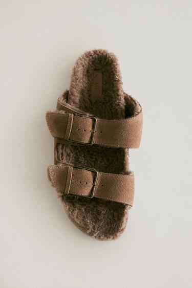 WARM SPLIT LEATHER DOUBLE-BUCKLE SANDALS - Taupe Grey by Zara