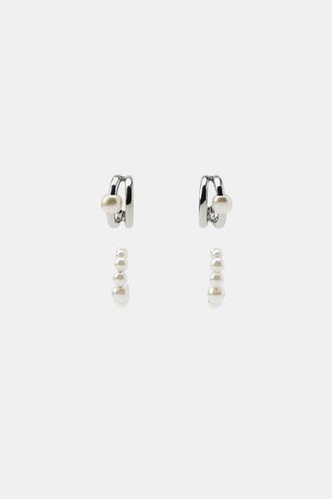 Zara PACK OF HOOP AND EARCUFF EARRINGS WITH PEARLS - Silver