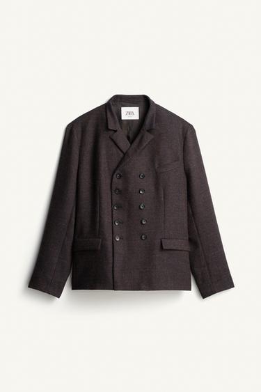 Zara STRUCTURED WOOL-BLEND DOUBLE-BREASTED SUIT BLAZER - Brown