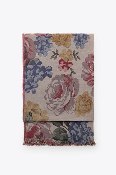 FLORAL PRINT SCARF WITH WOOL - Pink by Zara