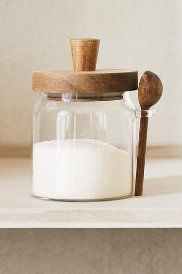 Zara BOROSILICATE GLASS AND WOOD SUGAR BOWL - Light beige