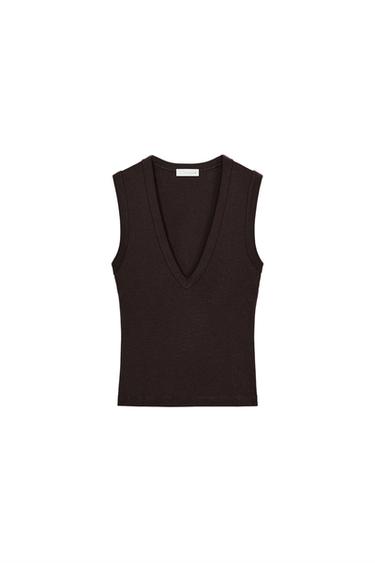 COTTON V-NECK T-SHIRT - Brown by Zara