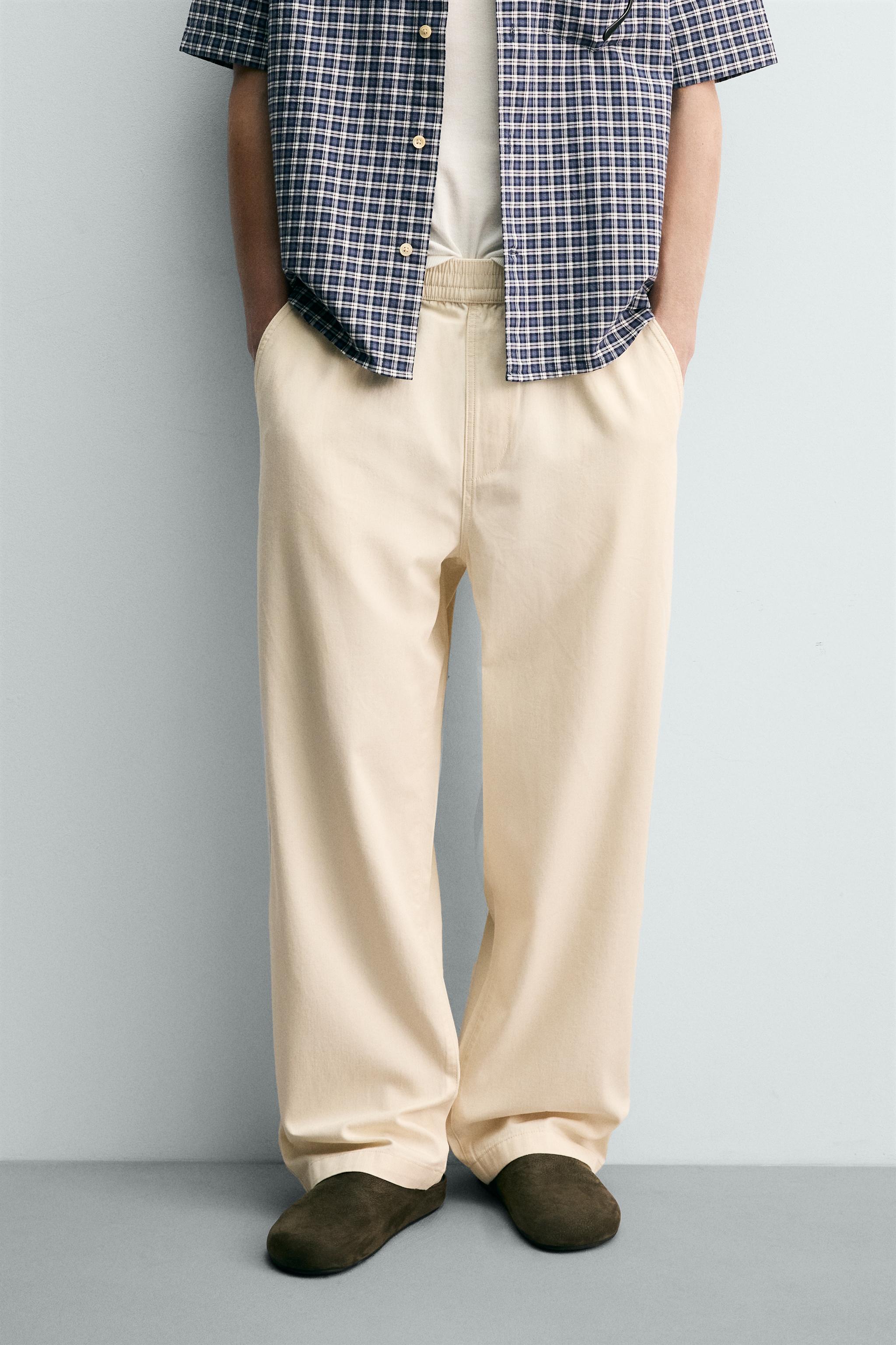 RELAXED FIT HERRINGBONE TROUSERS — Light beige