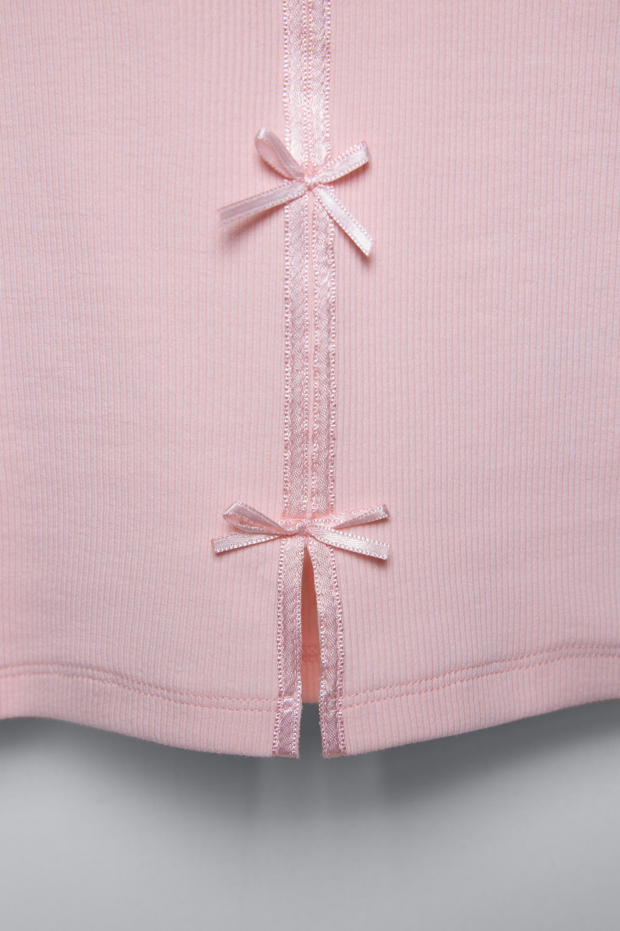 RIBBED T-SHIRT WITH SATIN BOWS - Pink | ZARA United States