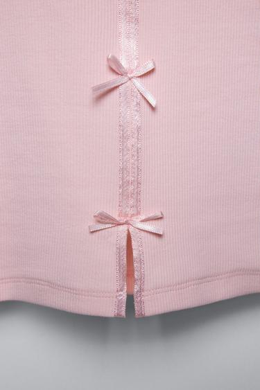RIBBED T-SHIRT WITH SATIN BOWS - Pink by Zara - Image 2