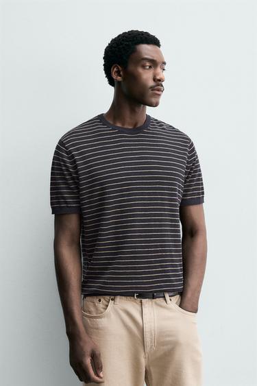 STRIPED LINEN - COTTON KNIT T-SHIRT - Navy blue by Zara