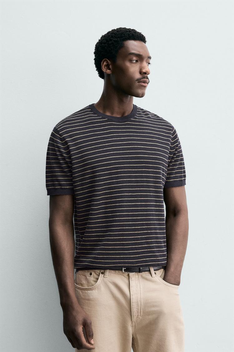 ZARA STRIPED LINEN - COTTON KNIT T-SHIRT