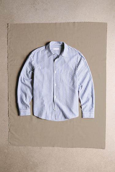 Zara 條紋皺褶效果襯衫 - 藍色 / 白色