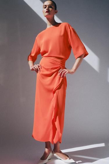 ZW COLLECTION DRAPED MIDI DRESS - Coral red by Zara