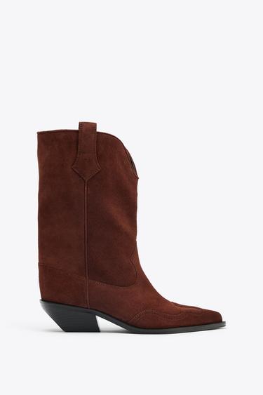 SPLIT SUEDE COWBOY ANKLE BOOTS - Chocolate Brown by Zara - Image 0