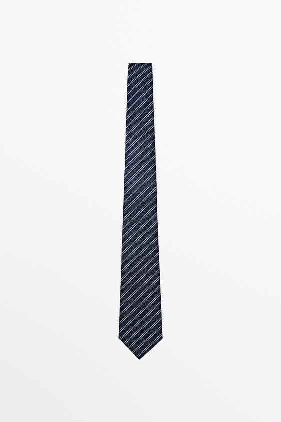 Zara 100% silk double stripe tie - Navy blue - Image 0
