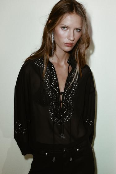Zara SEMI-SHEER BEADED BLOUSE - Black