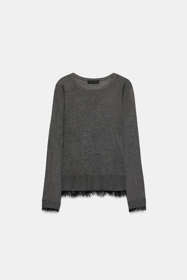 SUÉTER DE TRICÔ COM RENDA - Cinza-escuro da Zara