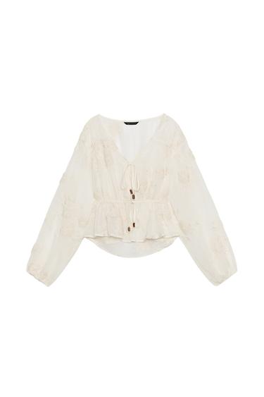 BLUSA SEMITRANSPARENTE BORDADOS - Beige claro de Zara