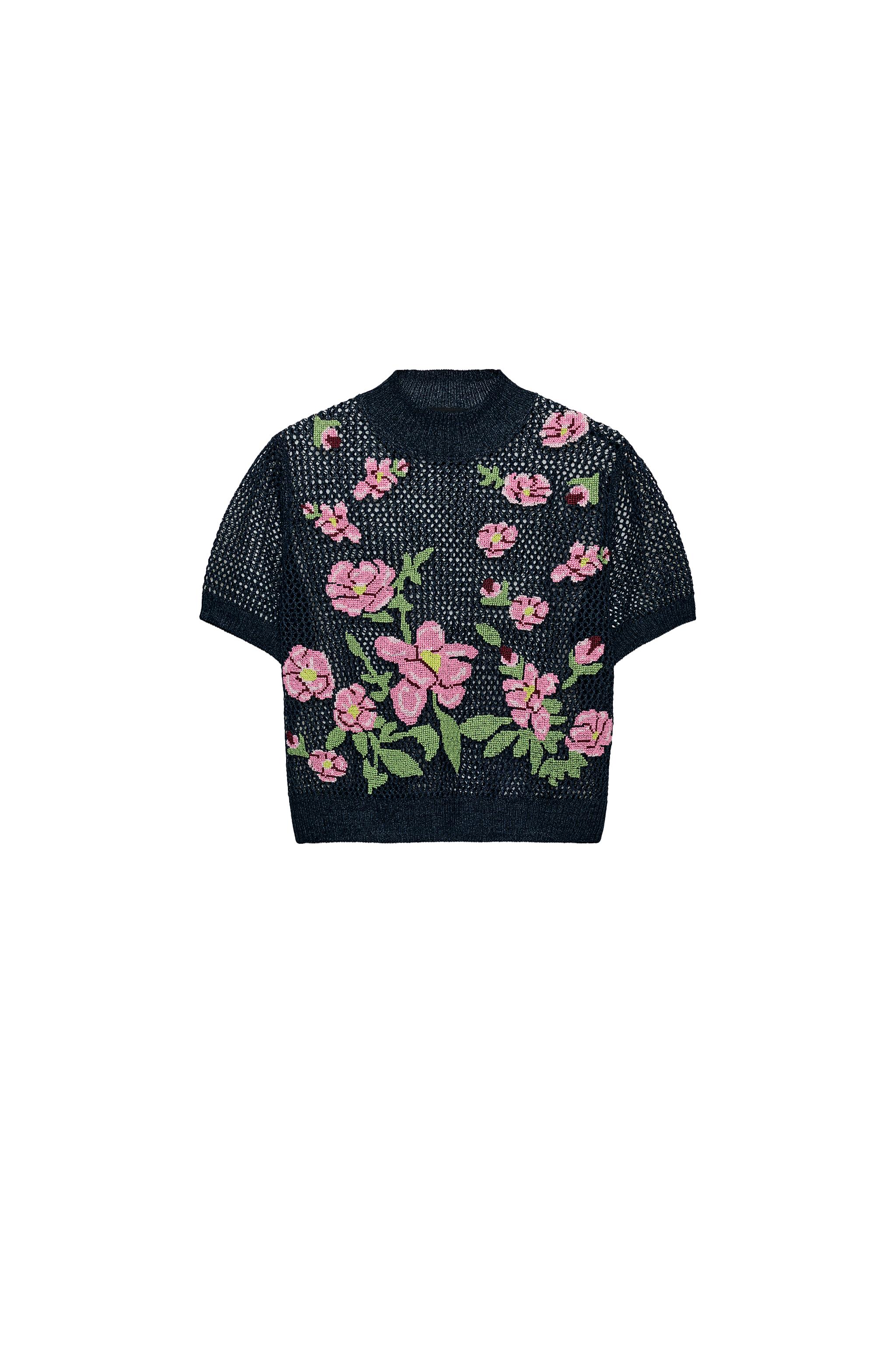 FLORAL EMBROIDERED KNIT TOP - Blue | ZARA United States