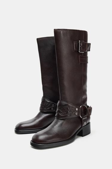 LEATHER FLAT EMBROIDERED BOOTS - Brown by Zara