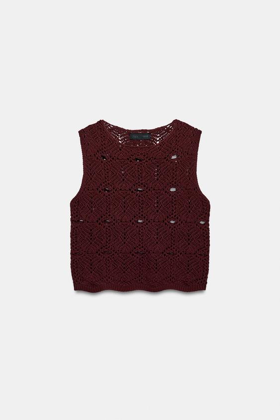 CROCHET KNIT TOP - Dark burgundy by Zara - Image 0