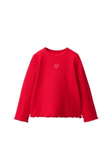 T-SHIRT DE NERVURAS COM BORDADO - Vermelho da Zara