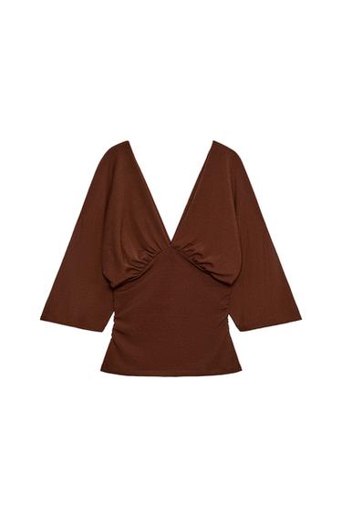 Zara TEXTURED V-NECK TOP - Brown