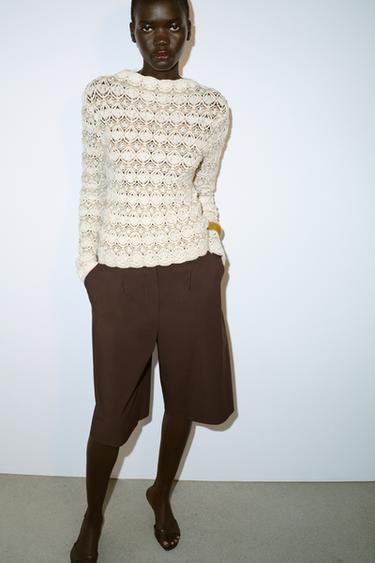 Zaras STICKAD STRUKTURTRÖJA - naturfärg-vit